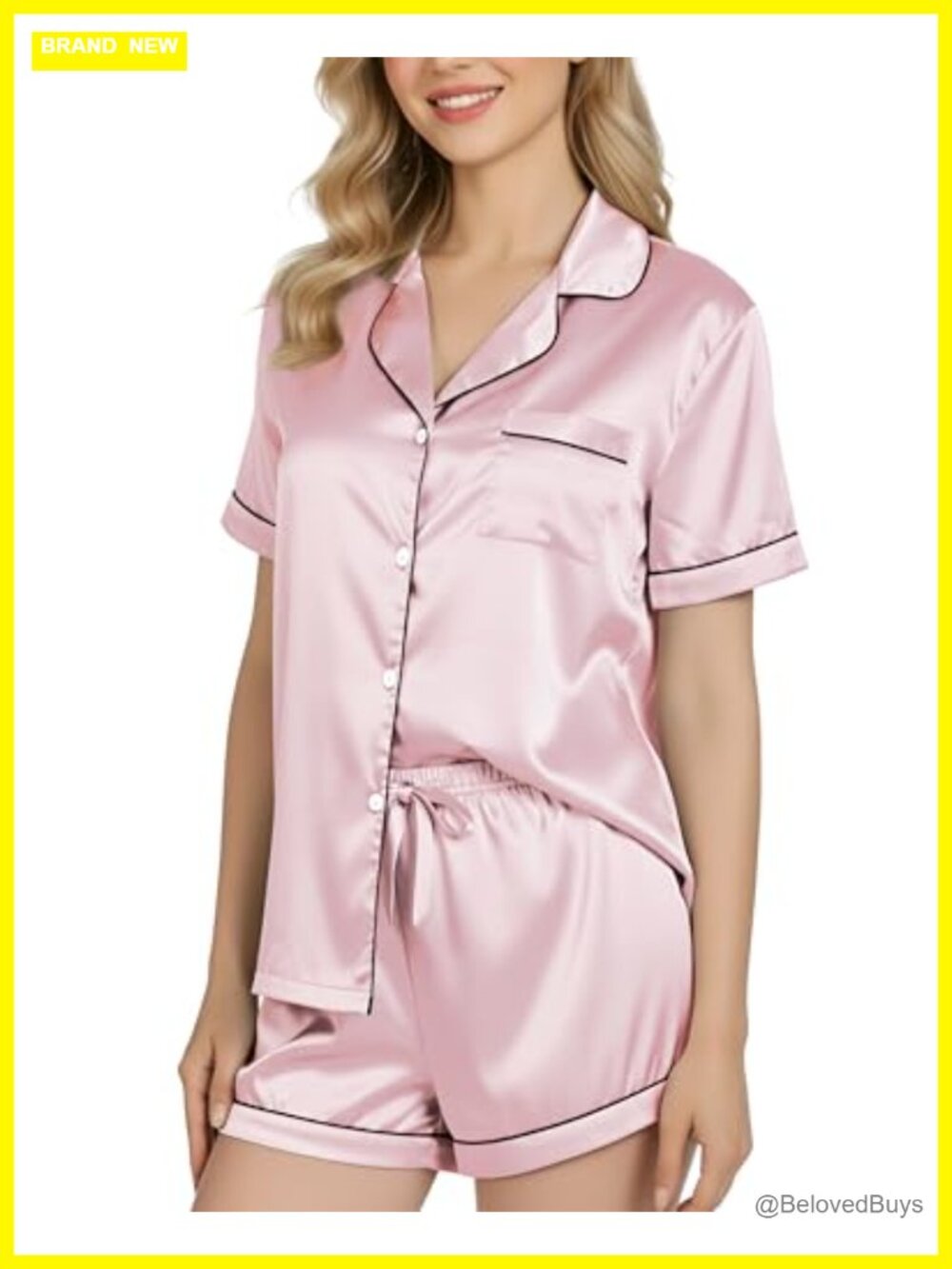 Satin Silk Pajama Set Button Front Top Shorts 2 Piece Sleepwear Set